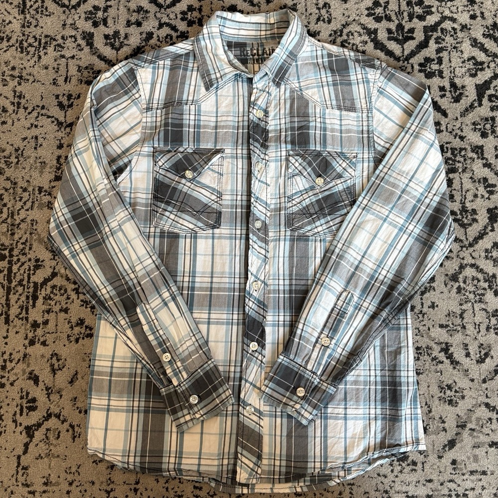 Reclaim Relaxed Fit Shirt Mens Small Blue Plaid Button Up Long Sleeve Casual